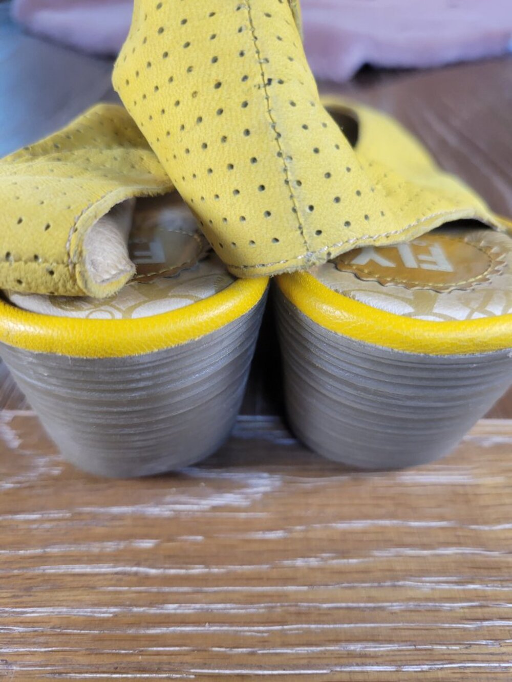 Fly London Yellow Perforated Leather Peep Toe Wedge Sandals EU 36 US 5.5-6 - Picture 12 of 14
